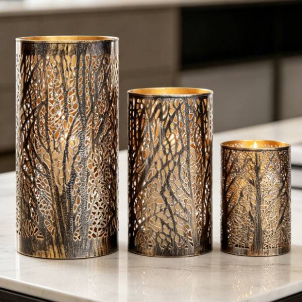 Bronze-Finish Cutout Lantern Candle Holder (Branch Motif)—Warm Indoor/Outdoor Ambiance
