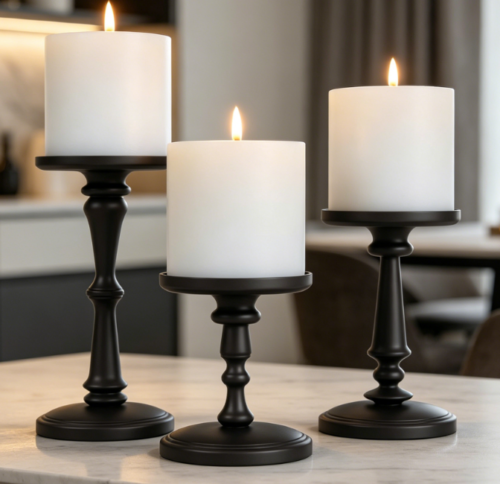 Matte Black Pillar Candle Holder Set—Suitable For Tabletops And Fireplaces