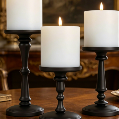 Matte Black Pillar Candle Holder Set—Suitable For Tabletops And Fireplaces