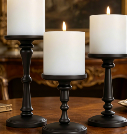 Matte Black Pillar Candle Holder Set—Suitable For Tabletops And Fireplaces