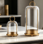 Brass-Tone Metal Candle Holder Set With Glass Shade—Vintage Elegance