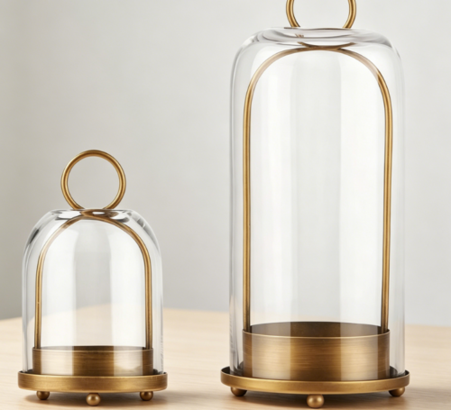 Brass-Tone Metal Candle Holder Set With Glass Shade—Vintage Elegance