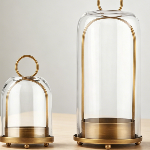 Brass-Tone Metal Candle Holder Set With Glass Shade—Vintage Elegance