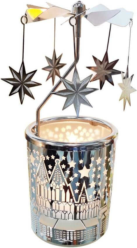 Metal Rotary Candle Holder Spinning Windmill Tea Light Carousel Decor for Home & Gifts (Silver North Star)