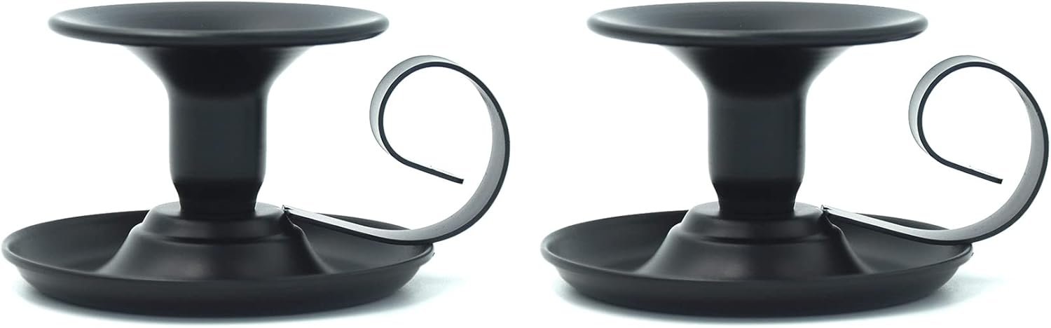 2-Pack Matte Black Short Metal Candle Holder, Modern Iron Taper Candle Stick Holder for Decorative Party, Dining Room, Table Centerpieces, Vintage Iron Base with Handle for Halloween Christmas Decor