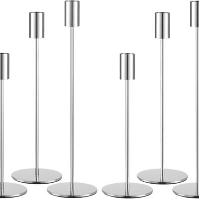 Set of 6 Silver Taper Candle Holders, Metal Silver Candlestick Holders, Tall Candle Holder, Fits 3/4 inch Thick Candle&Led Candles, for Table Centerpiece, Wedding, Dinning, Party Home Decor