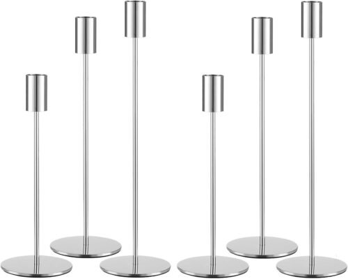 Set of 6 Silver Taper Candle Holders, Metal Silver Candlestick Holders, Tall Candle Holder, Fits 3/4 inch Thick Candle&Led Candles, for Table Centerpiece, Wedding, Dinning, Party Home Decor