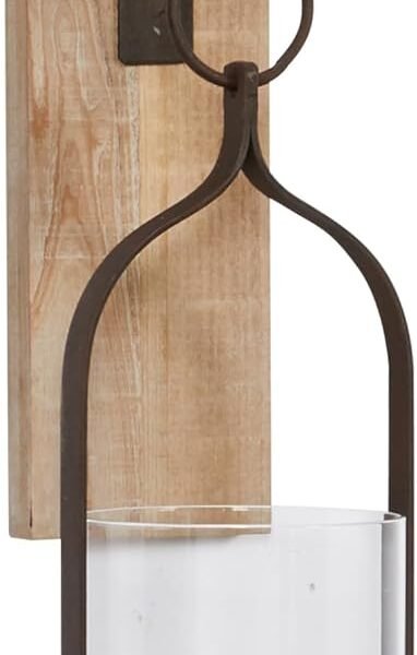 Wood Wall Sconce with Suspended Black Metal and Glass Holder, 6" x 6" x 23", Brown