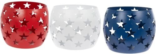 Star Cutout Metal Tea Light Candle Holders, Red, White and Blue, 4th of July Decor, 4" H x 4.72" W, Set of 3