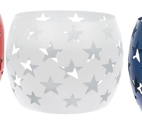 Star Cutout Metal Tea Light Candle Holders, Red, White and Blue, 4th of July Decor, 4" H x 4.72" W, Set of 3