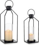 Decorative Lantern Candle Holder: 2 Pcs Glass Hurricane Pillar Candles Holders Rustic Black Metal Hanging Lanterns Decor for Outdoor Wedding Farmhouse Home Fireplace Christmas Halloween