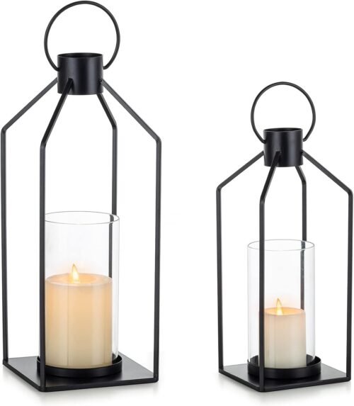 Decorative Lantern Candle Holder: 2 Pcs Glass Hurricane Pillar Candles Holders Rustic Black Metal Hanging Lanterns Decor for Outdoor Wedding Farmhouse Home Fireplace Christmas Halloween