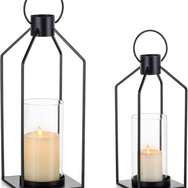 Decorative Lantern Candle Holder: 2 Pcs Glass Hurricane Pillar Candles Holders Rustic Black Metal Hanging Lanterns Decor for Outdoor Wedding Farmhouse Home Fireplace Christmas Halloween