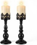 2PCS Candle Holders for Pillar Candles Gothic Matte Black Vintage Tall Candle Holders Set Table Centerpiece Set Iron Candle Stand Decor