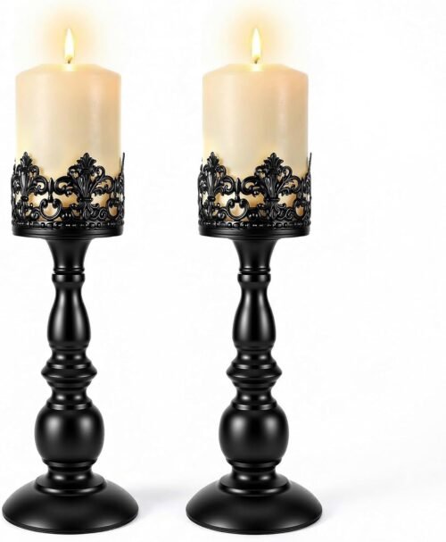 2PCS Candle Holders for Pillar Candles Gothic Matte Black Vintage Tall Candle Holders Set Table Centerpiece Set Iron Candle Stand Decor