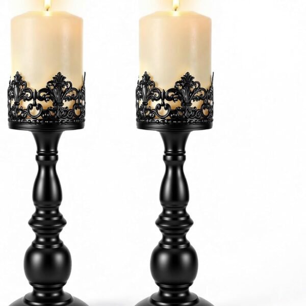 2PCS Candle Holders for Pillar Candles Gothic Matte Black Vintage Tall Candle Holders Set Table Centerpiece Set Iron Candle Stand Decor