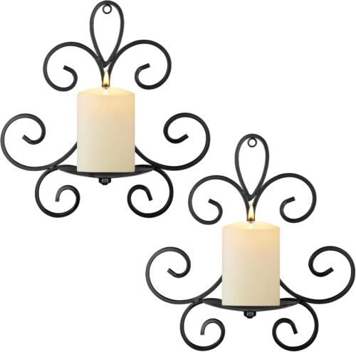 Wall Candle Sconces Set of 2, Triple Scroll Pattern Candle Sconces, Metal Wall Candle Holder for Home Decor, Living Room, Dining Room, Bedroom, Black, Gifts for Men Women Mom or Dad