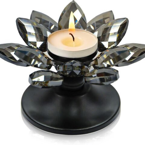 1 PC Black Crystal Flower Tea Light Holder, Glass Tealight Candlestick with Metal Base, Votive Candle for Table Centerpiece, Wedding/Parties Decor, Nice Gift