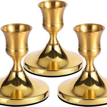 3 Pcs Brass Gold Taper Candle Holders, Vintage Metal Candlestick Holders Set for Dining Table, Wedding & Party Centerpiece Decor, Fits Standard Taper Candles, Mantel & Home Decorations