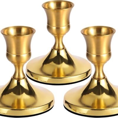 3 Pcs Brass Gold Taper Candle Holders, Vintage Metal Candlestick Holders Set for Dining Table, Wedding & Party Centerpiece Decor, Fits Standard Taper Candles, Mantel & Home Decorations
