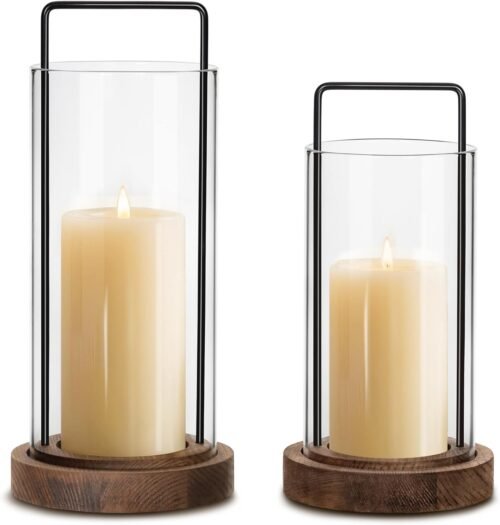Farmhouse Candle Holder Decor Boho Glass Hurricane Lantern for Table Centerpieces Set of 2 Decorative Wood Metal Candle Holders for Living Room Dining Patio Home Decoration (Brown)