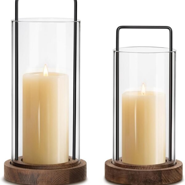 Farmhouse Candle Holder Decor Boho Glass Hurricane Lantern for Table Centerpieces Set of 2 Decorative Wood Metal Candle Holders for Living Room Dining Patio Home Decoration (Brown)