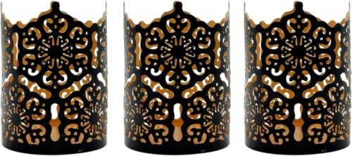 Set of 3 Black Metal Candle Holders 4 Inch High - Lattice Cut Lanterns for Table Centerpiece, Wedding, Home Decor, Indoor Outdoor