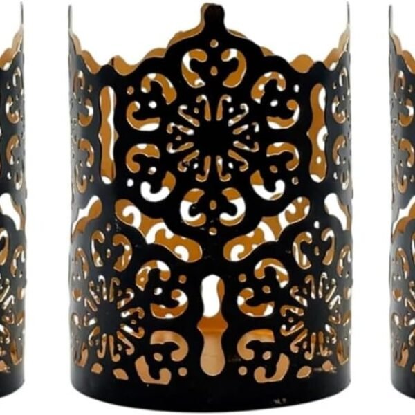 Set of 3 Black Metal Candle Holders 4 Inch High - Lattice Cut Lanterns for Table Centerpiece, Wedding, Home Decor, Indoor Outdoor