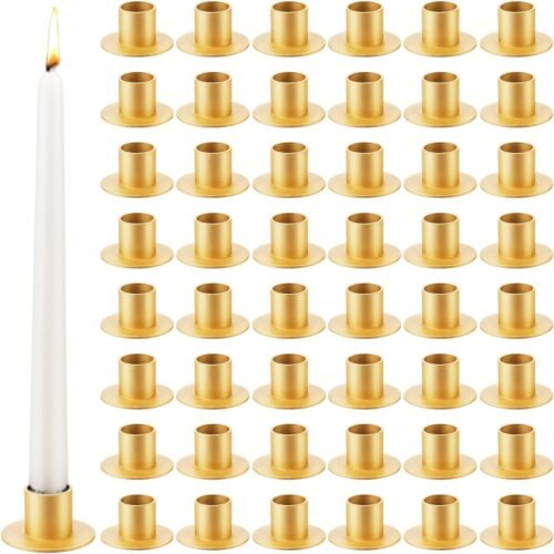 48 Pcs Gold Metal Taper Candle Holders Bulk for Wedding Pillar Candles Taper Candlesticks Holders Centerpieces Short Candle Stick Dinner Decor for Party Anniversary Dinning Table Gift (48, Gold)