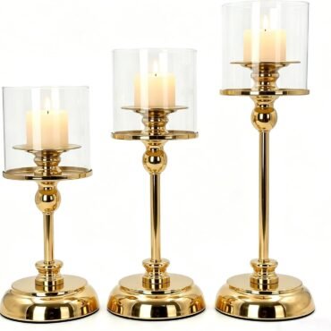 3PCS Gold Hurricane Candle Holders, Glass Hurricane Candlestick Holders for Pillar Candles, Tall Metal Candle Holders with Removable Glass Shade for Wedding Centerpieces, Dining Table Decor