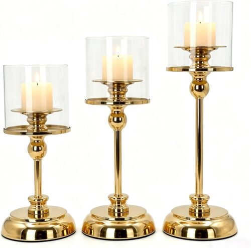 3PCS Gold Hurricane Candle Holders, Glass Hurricane Candlestick Holders for Pillar Candles, Tall Metal Candle Holders with Removable Glass Shade for Wedding Centerpieces, Dining Table Decor