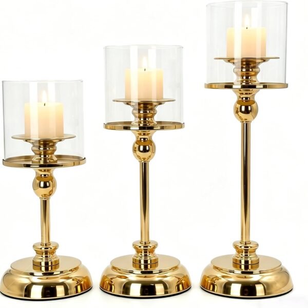 3PCS Gold Hurricane Candle Holders, Glass Hurricane Candlestick Holders for Pillar Candles, Tall Metal Candle Holders with Removable Glass Shade for Wedding Centerpieces, Dining Table Decor