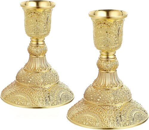 2PCS Brass Taper Candle Holders Candle Stick Holders Set Vintage Metal Pillar Candlestick Holders, 4”H Elegant Candle Stand Candelabra for Dining Table Centerpieces Wedding Home Decoration, Gold