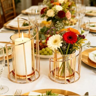 2PCS Metal Wire Candle Holder, Glass Pillar Candle Holders Gold Decorative Tea Light Candleholders for Party Wedding Dinners Decor Decorative Flower Vase Office Living Room