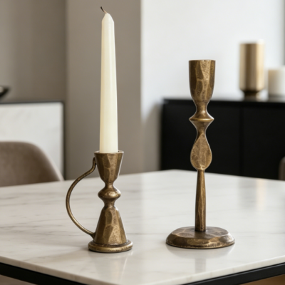 Antique-Style Brass/Cast Iron Candle Holder—Vintage Tabletop Decor 2-Piece Set