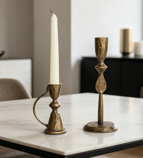 Antique-Style Brass/Cast Iron Candle Holder—Vintage Tabletop Decor 2-Piece Set