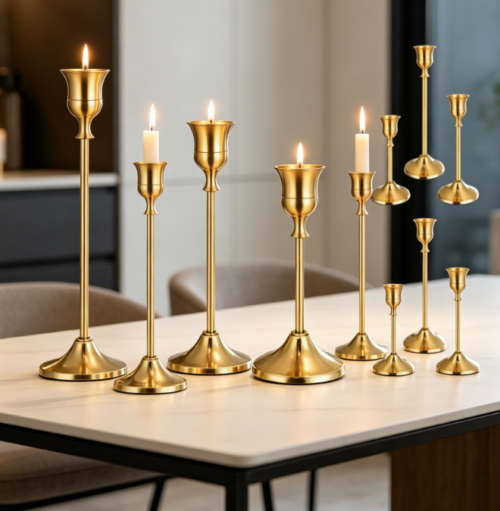 Brass-Gold Taper Candle Holder—Decor For Weddings, Holidays, And Fireplaces
